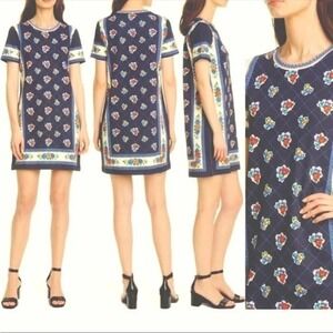 NWT Tory Burch Navy Tea Rose Border Tee TShirt Dress S 4 6 Cotton Floral Bandana